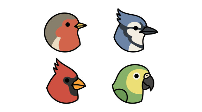 Collection of four flat bird avatar icons featuring robin, blue jay, cardinal, and parrot.