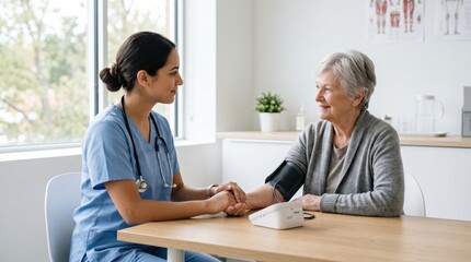 Fototapeta premium Compassionate Nurse Holding Hands with Senior Patient During Blood Pressure Checkup in Medical Clinic