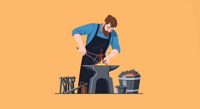 Bearded blacksmith wearing a blue shirt and black apron forging glowing hot metal on an anvil with sparks, featuring a coal bucket and metal tongs on an orange background.