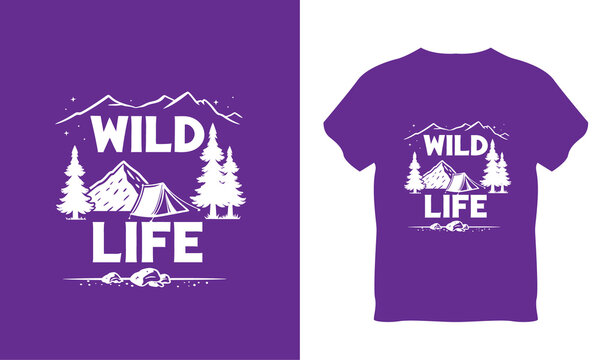 An outdoor adventure typography design featuring the text "Wild Life" with minimalist illustrations of mountains, pine trees, starry night, and a camping tent. Perfect for nature lovers, hikers, campe