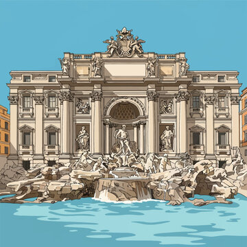 Detailed vector art of the Trevi Fountain in Rome, Italy, showing the Baroque architecture, central Neptune statue, stone carvings, water pool, and facade of Palazzo Poli.