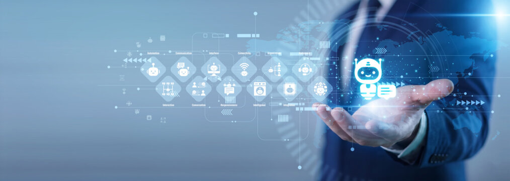 Client hand hold mobile phone Chatbots concept automated customer support service, artificial intelligence virtual assistant response, instant messaging help and smart online communication app.