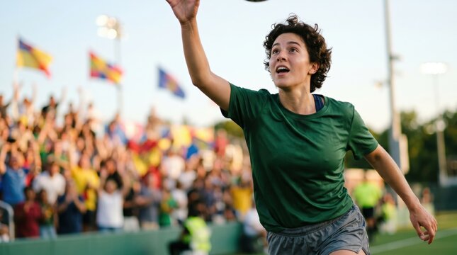 Young female athlete playing ultimate frisbee in a stadium with cheering crowd