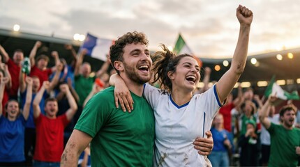 Fototapeta premium Young Caucasian Couple Celebrating Victory at Sports Stadium with Cheering Crowd in Background