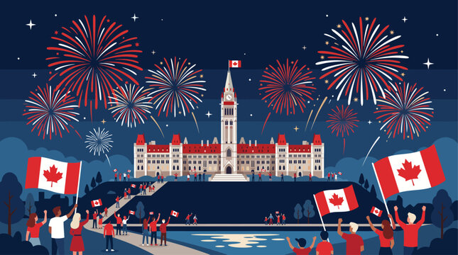 Canada Day Fireworks Over Parliament Hill Ottawa Flat Vector Poster