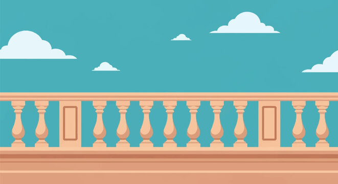 Horizontal vector illustration of a classic stone balustrade or balcony railing featuring decorative balusters and pillars set against a blue sky with stylized white clouds.