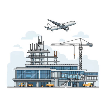 Vector illustration of a modern airport terminal building under construction featuring a tower crane, commercial passenger airplane taking off, jet bridge, and ground service vehicles.