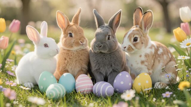 Cute colorful rabbits sitting on grass with decorated Easter eggs and spring flowers outdoors