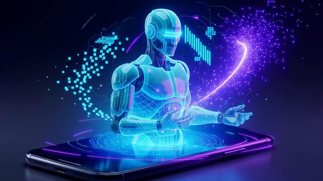 Futuristic holographic robot emerging from smartphone digital technology concept