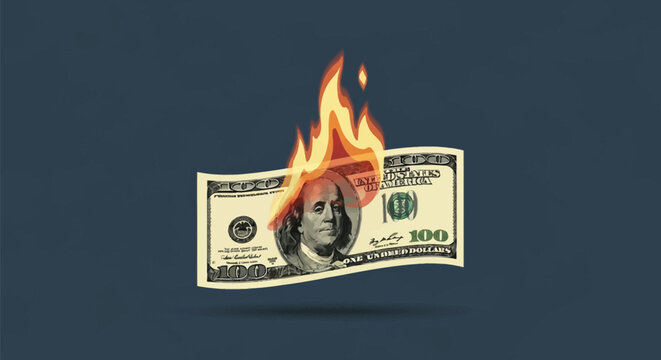 Vector illustration of a single one-hundred-dollar United States banknote burning with orange and yellow flames, isolated on a dark blue textured background with shadow.