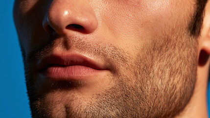 Fototapeta premium Close-up young caucasian male adult lower face with light stubble, defined jawline and neutral lips against blue background, skin texture detail and soft directional lighting
