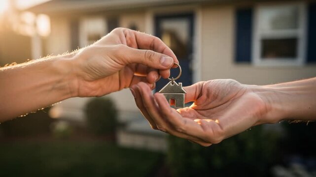 Hand giving house shaped keychain to another person outside home in golden hour light