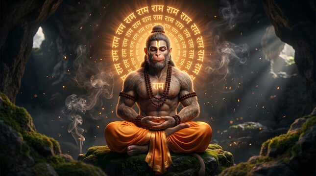 Lord hanuman meditating in cave with golden aura and divine sanskrit mantra glow