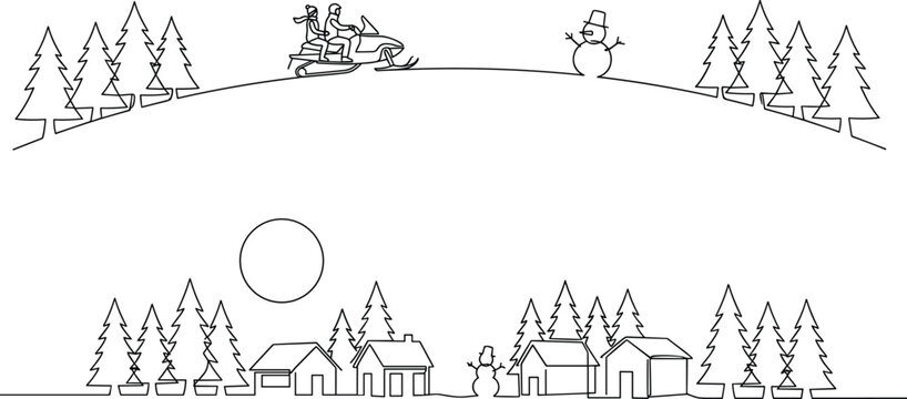 Winter landscape line art illustration with snowy village, pine trees, snowman, and snowmobile in a minimal continuous outline style
