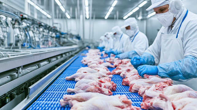 Industrial poultry processing plant with automated conveyor and adult workers in white protective suits handling raw chicken carcasses in clean factory