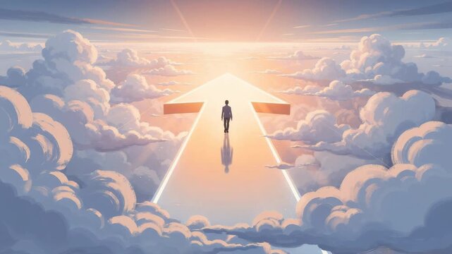 Businessman walking on glowing arrow path in the sky towards bright sunrise inspirational success concept