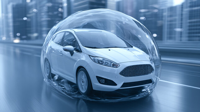 White car inside transparent bubble on road. Auto insurance concept representing vehicle protection and safety. Financial security of transport vehicle against accident or damage.