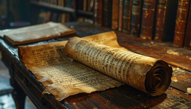 Ancient Hebrew text on a partially unrolled leather scroll, surrounded by aged books in a library setting.