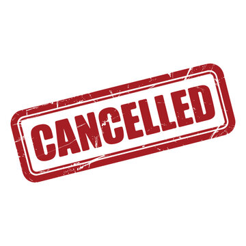 Red rectangular stamp with rounded corners saying cancelled in distressed white font over transparent checkered background with grunge texture.