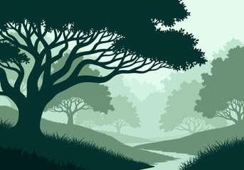 Fototapeta premium Misty Forest Landscape with Serpentine River and Silhouetted Trees