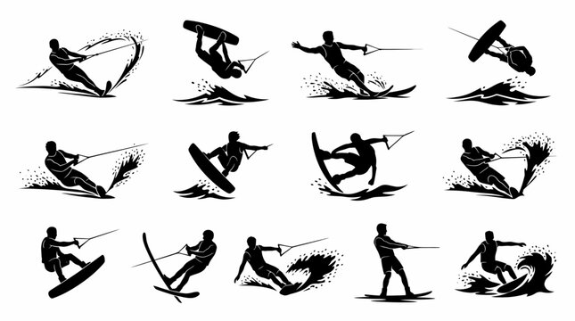 Silhouette icons of people wakeboarding and parasailing on water