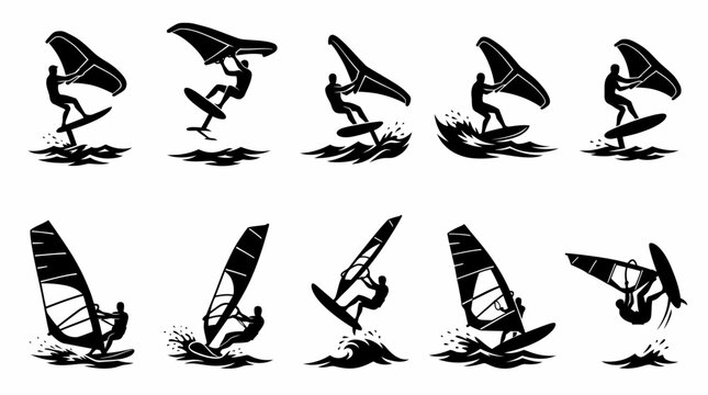 Black silhouette windsurfing icons set, vector graphic illustrations