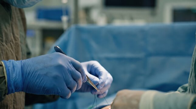Surgeon hands suturing surgical wound with needle holder in operating room