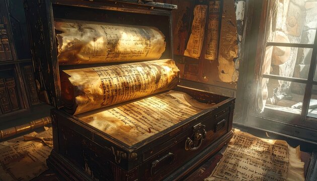 Ancient Hebrew scrolls of parchment carefully conserved within a vintage wooden chest, revealing faded antique script.