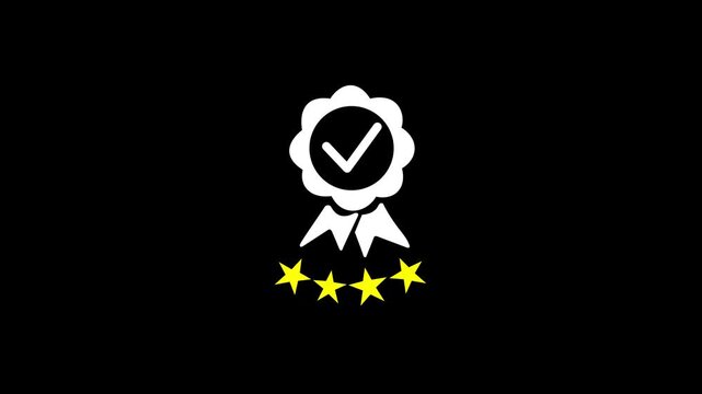 Businessman presenting quality assurance badge with four star rating and approval check mark above customer satisfaction, service excellence, trust, feedback. 4K Animation.