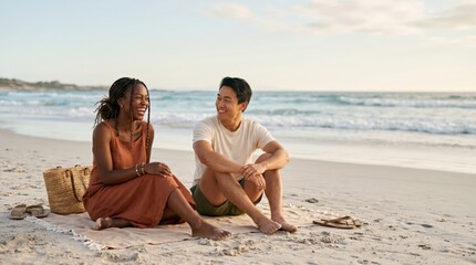 Fototapeta premium Young Black Woman and Asian Man Laughing Together on Beach Blanket at Sunset