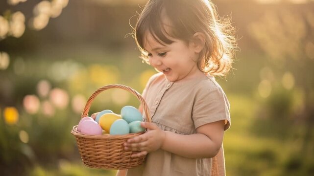 Happy toddler girl holding basket with colorful Easter eggs in spring garden with warm sunlight