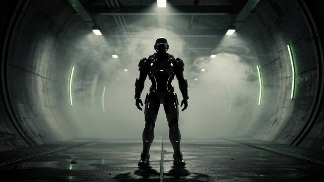 Futuristic robot standing in foggy industrial tunnel with dramatic lighting and metallic textures