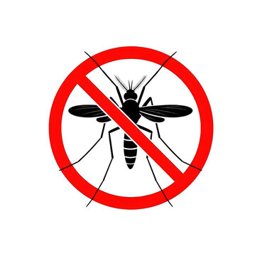 Mosquito silhouette crossed out in red circle, indicating pest control and prevention