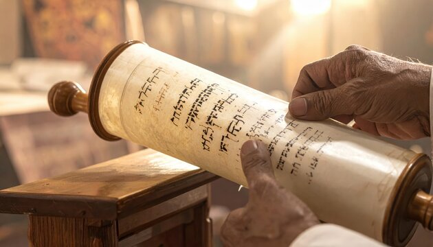 Partially unrolled ancient Hebrew scroll with beautifully calligraphed text held by hands