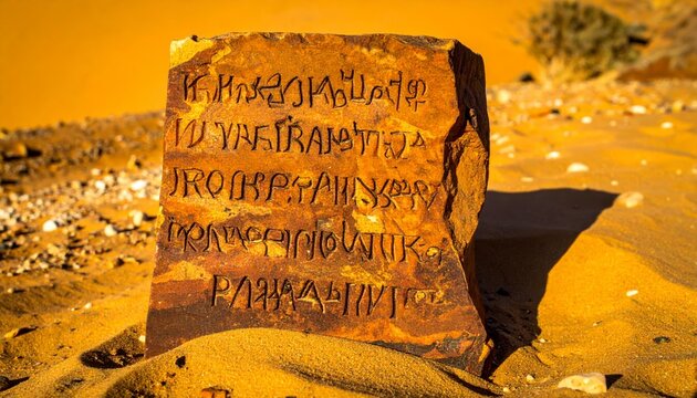 Phoenician alphabetic script inscribed on a weathered sandstone stele fragment in a desert setting