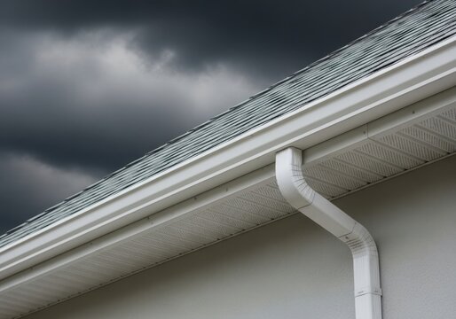 White seamless gutter system on a residential roof under a dark, stormy sky