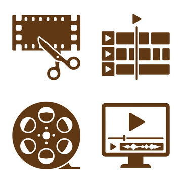 Editing and production icons set featuring film strip and media timeline