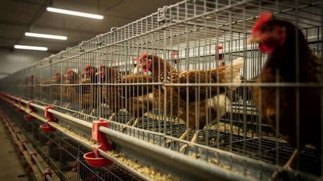 Row of brown chickens inside metal cages in a commercial poultry farm with feeding trays