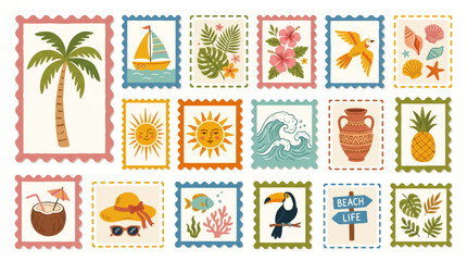 Cute hand drawn summer beach postage stamp collection with tropical palm tree, sailboat, monstera leaves, hibiscus flowers, flying bird, seashells, sun face icons, ocean wave, ancient vase, pineapple, © Colourfull