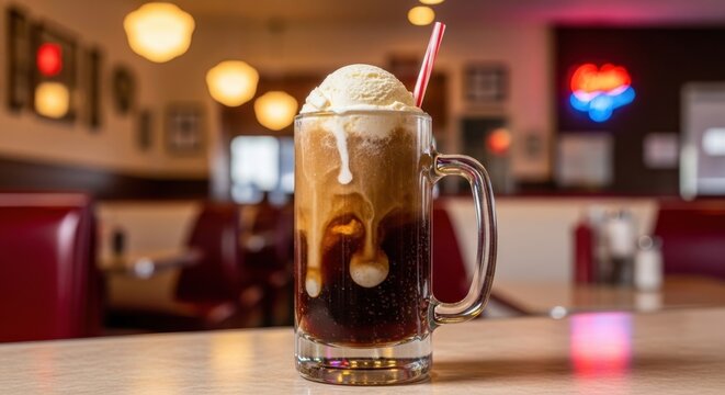 A refreshing root beer float with ice cream and a red straw in a glass mug at a diner