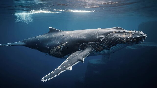 Close-up of a humpback whale swimming underwater in deep blue ocean with natural light