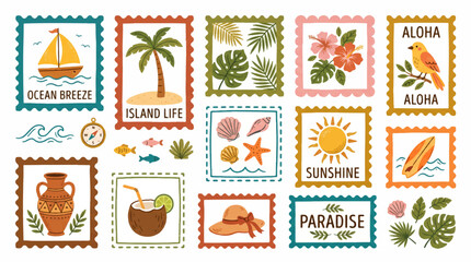 Cute hand drawn tropical paradise postage stamp collection with sailboat, palm tree island life, monstera leaves, hibiscus flowers, aloha bird, seashells, sunshine icon, surfboard, ancient vase, cocon © Colourfull
