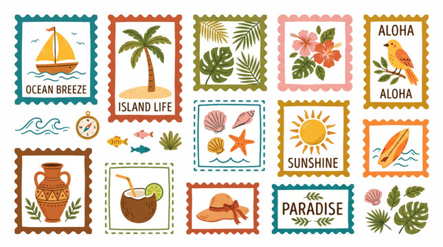 Cute hand drawn tropical paradise postage stamp collection with sailboat, palm tree island life, monstera leaves, hibiscus flowers, aloha bird, seashells, sunshine icon, surfboard, ancient vase, cocon