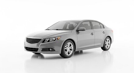 Obraz premium A sleek, silver, four-door sedan with a black grill and silver rims on a white background