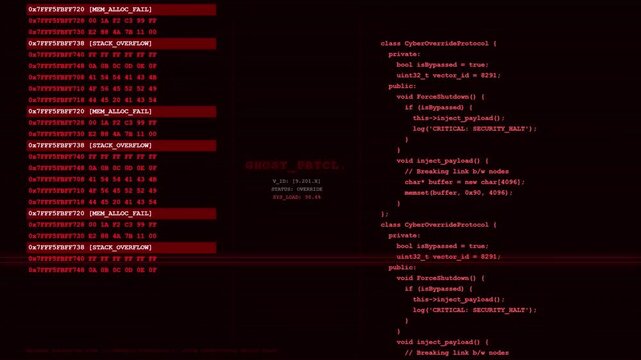 Futuristic Red Cyber Override Protocol Memory Allocation Failure Stack Overflow Screen Display.
