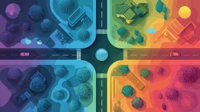 Air quality monitoring flat design top view urban environment water color Triadic Color Scheme.