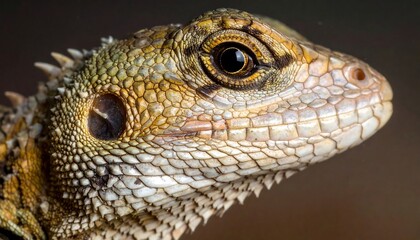 Fototapeta premium Close-up of a lizard head with textured skin, focusing on its eye and scales against a blurred background