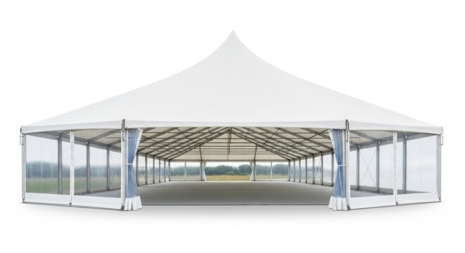 A large white outdoor event tent with a peaked roof and open sides