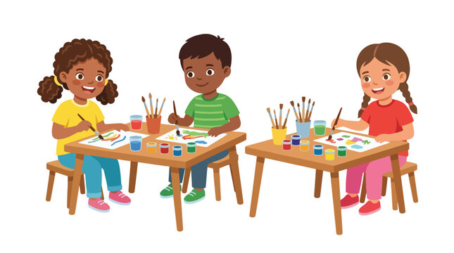 Flat style vector illustration of preschool children painting with brushes and colorful paints in an art activity that encourages creativity and self-expression