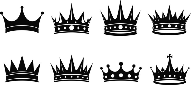 Royal crown silhouette collection featuring ornate king and queen crowns isolated monochrome vector illustration set